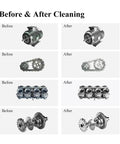 Before & After cleaning of engine parts, showing the effectiveness of the Heavy Duty 15L Ultrasonic Cleaner Machine For Auto Parts Hardware Degreasing Ultrasound Washer With Turbo Sweep Modes And Degas Function To Clean Injectors Engine Molds And Oil Residue Efficiently.