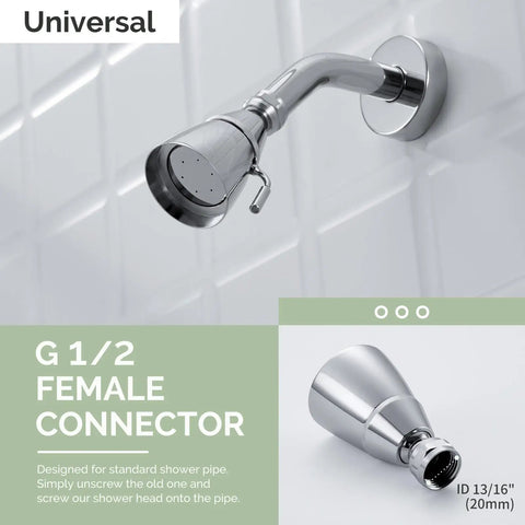 High Flow Shower Head With Brass Swivel Joint And Adjustable Sprayer Chrome Finish G One Half Inch Thread in bathroom
