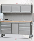Dang Tough Rolling Tool Chest In A 2 Pack With 11 Drawers And 3 Lockable Cabinets Slick Stainless Steel Shop Rig With Deep Wooden Worktop, 72-inch size.