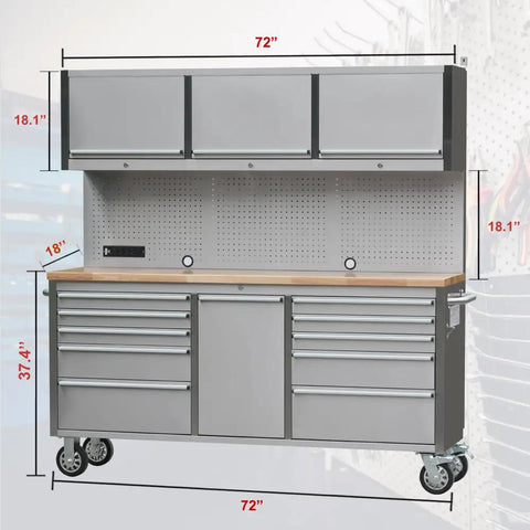 Dang Tough Rolling Tool Chest In A 2 Pack With 11 Drawers And 3 Lockable Cabinets Slick Stainless Steel Shop Rig With Deep Wooden Worktop, 72-inch size.