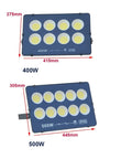 JUDYSSY Ultrathin Led Flood Light 400W and 500W with dimensions and IP66 rating, suitable for outdoor lighting.