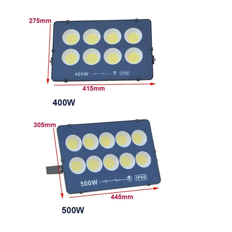 JUDYSSY Ultrathin Led Flood Light 400W and 500W with dimensions and IP66 rating, suitable for outdoor lighting.