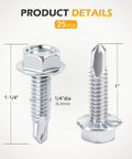 Heavy Duty Quarter Inch By One Inch Hex Washer Head Self Drilling Screws Twenty Five Piece Set showing dimensions and details.
