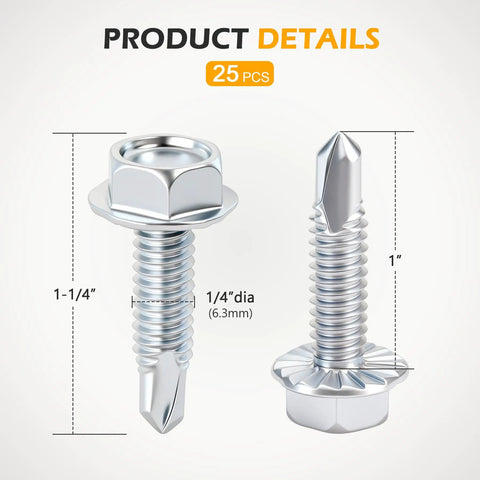 Heavy Duty Quarter Inch By One Inch Hex Washer Head Self Drilling Screws Twenty Five Piece Set showing dimensions and details.