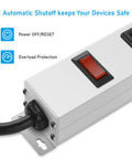 Close-up of Heavy Duty Metal 12 Outlet Power Strip With 1200J Surge Protector and reset switch, wall mount screws visible.