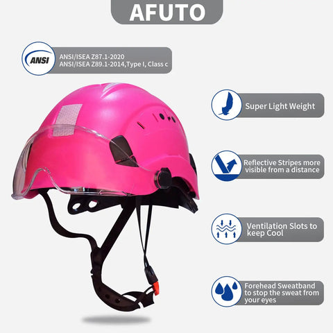 Pink Womens Lightweight Hard Hat With 6 Point Suspension ANSI Z89.1 Approved ABS Helmet Goggles Included Reflective Decals.