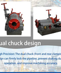 Heavy Duty Workhorse Electric Pipe Threader For 1/2 To 3 Inch Lines With Smart Oil System And 750W Copper Motor showing dual chuck design and clamping features.