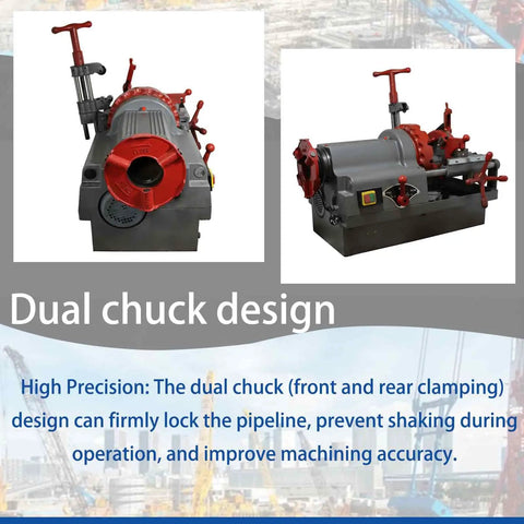 Heavy Duty Workhorse Electric Pipe Threader For 1/2 To 3 Inch Lines With Smart Oil System And 750W Copper Motor showing dual chuck design and clamping features.
