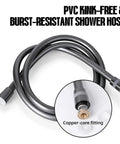PVC kink-free shower hose with copper-core fitting from All In One High Pressure Shower System With 4 Spray Handheld Head Seven Replacement Filters Two Mount Brackets 59 Inch Hose Thick ABS Body For Hard Water Power Wash Clean Tub Tile And Pet Bath.