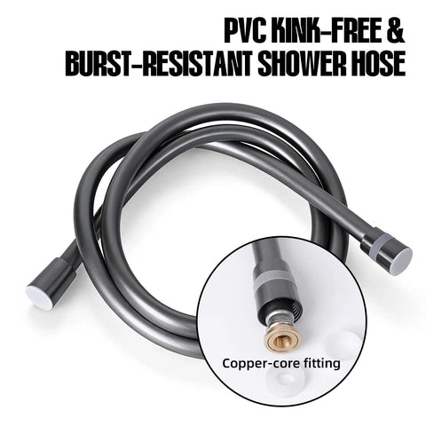 PVC kink-free shower hose with copper-core fitting from All In One High Pressure Shower System With 4 Spray Handheld Head Seven Replacement Filters Two Mount Brackets 59 Inch Hose Thick ABS Body For Hard Water Power Wash Clean Tub Tile And Pet Bath.