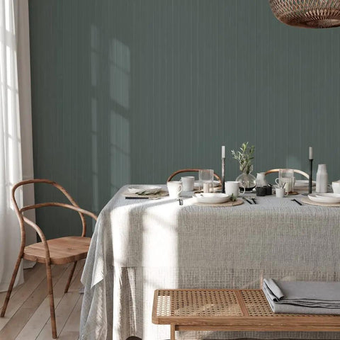 Dining room with Black Faux Beadboard Peel And Stick Wallpaper Removable And Repositionable Self Adhesive No Mess Easy DIY Wall Decor 20.5 Inch By 16.5 Foot Made In The USA.