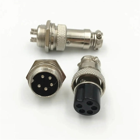 Close-up of GX-16 5 Pin XLR Connector Set 16mm Male And Female For Guitar Power Supply Ham Radio And PCB Projects