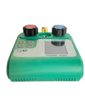Front view of a green digital HVAC manifold gauge set with red and blue knobs and display.