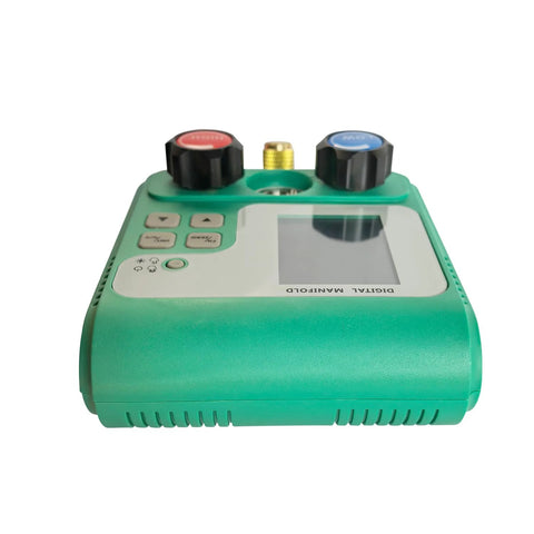 Front view of a green digital HVAC manifold gauge set with red and blue knobs and display.