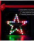 Star Shaped Soldering Practice Kit For Electronics DIY Projects With Colorful LED Flashing And Beep Music Entry Level MCU Training Kit For Beginners Two Sided Wiring Design Creative Present Or Gift with colorful LEDs lit in star shape.