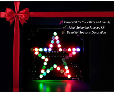 Star Shaped Soldering Practice Kit For Electronics DIY Projects With Colorful LED Flashing And Beep Music Entry Level MCU Training Kit For Beginners Two Sided Wiring Design Creative Present Or Gift with colorful LEDs lit in star shape.