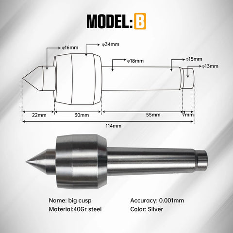 Model B big cusp for 65mm MT2 movable tailstock lathe center, 40Gr steel, silver, CNC machining, Morse taper 2 compatibility