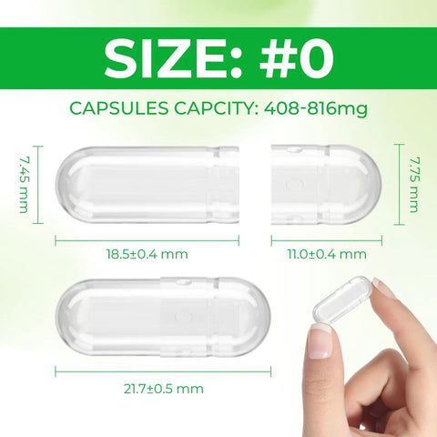 Dimensions of Size 0 Empty Vegan Capsules Kit for DIY Supplements Clear Plant Based Caps shown with hand holding capsule