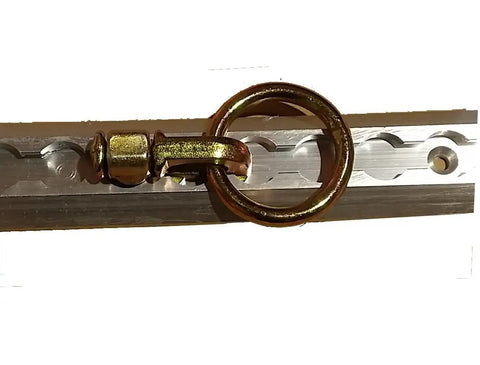 L Track Rail Double Stud Fitting With Round Ring For Tie Down Jobs, 5000 Lbs Break Strength, Forged Carbon Steel, mounted on rail