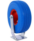 No More Flat Tire Headaches Hey Heavy Duty 10 Inch Flat Free Caster Set blue rubber wheel with red hub and metal bracket.