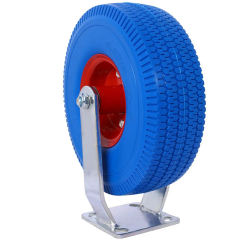 No More Flat Tire Headaches Hey Heavy Duty 10 Inch Flat Free Caster Set blue rubber wheel with red hub and metal bracket.