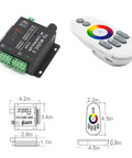 RGB LED Music Touch Controller With RF Remote, Color Calibration, 3.5mm Audio Input, 15 Music Modes shown with dimensions