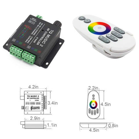 RGB LED Music Touch Controller With RF Remote, Color Calibration, 3.5mm Audio Input, 15 Music Modes shown with dimensions