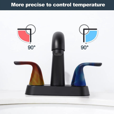Matte Black Bathroom Sink Faucet 4 Inch Centerset 2 Handle With Pop Up Drain Stopper Lavatory Vanity Faucet 304 Stainless Steel Built To Last No Nonsense Durability CUPC CEC Certified showing temperature control angles.