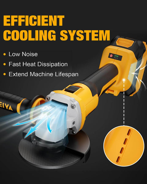 Cordless Angle Grinder 20V With 9600 RPM Brushless Motor, Four And A Half Inch To Five Inch Cutting Wheel, Efficient Cooling System