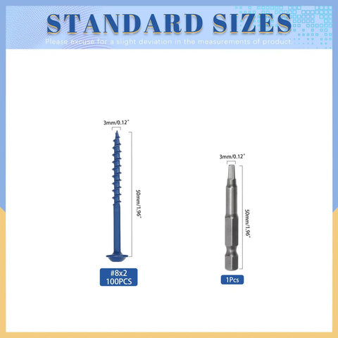 100 Piece Pocket Hole Screw Kit With Square Drive Drill Bit Blue Coated No 8 X 2 Inch Washer Head Wood Screws For Woodworking And Furniture Making Built To Last Durable Heavy Duty Easy Install showing screw and drill bit dimensions