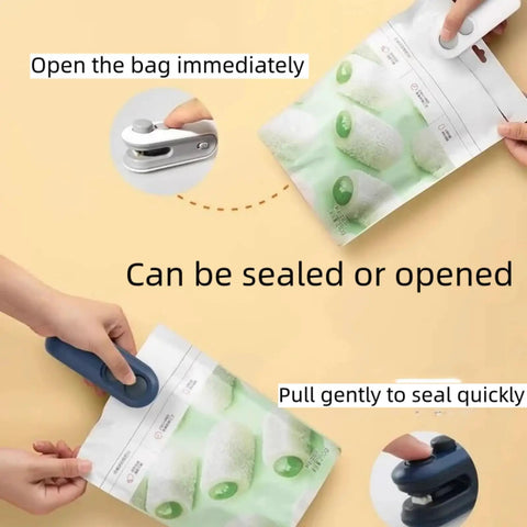 2 In 1 Portable Bag Sealer And Cutter With Rechargeable Battery in use sealing and opening plastic bags with magnetic attraction white