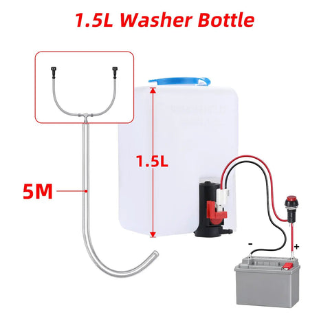 1.5L washer bottle with 5M tubing and electric pump, designed for easy installation and efficient fluid delivery.