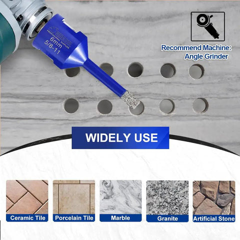 Dry Diamond Core Drill Bits Set for Porcelain Tile Marble Brick Vacuum Brazed Hole Saw 2 Pack 6mm Diameter shown drilling granite