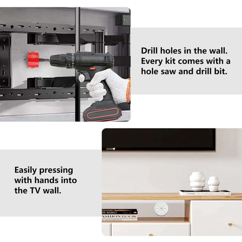 4-pack TV cord hider kit for wall-mounted TVs with 2-3/8 inch holes; includes pass-throughs, hole saw, and cable ties