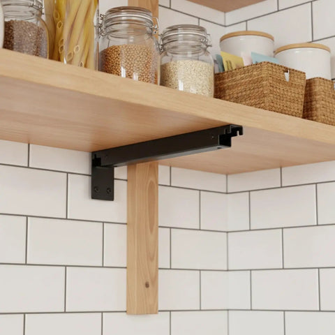 Heavy Duty Black Metal Shelf Bracket For Wood Shelves Built To Last, Tough And Sturdy Hardware installed in kitchen with jars