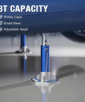 Close-up of 3 Ton Aluminum Jack Stands With Locking Pins For Cars, SUVs And Light Duty Trucks, Lightweight Blue And Silver.