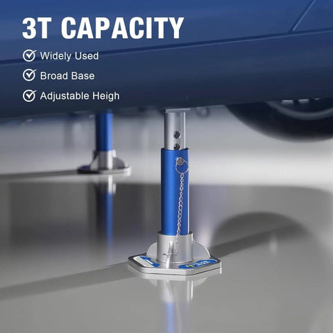 Close-up of 3 Ton Aluminum Jack Stands With Locking Pins For Cars, SUVs And Light Duty Trucks, Lightweight Blue And Silver.