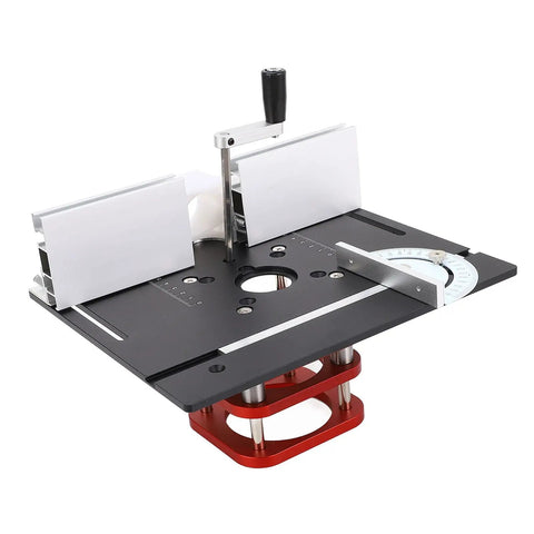 Rock Solid Router Table Base Kit With Hella Adjustable Aluminum Design And Quick Top Shelf Mounting For Universal 64 To 66Mm Motors smooth hand crank detail.