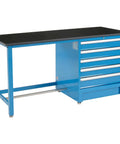 Tough As Nails 72 Inch Modular Workbench With Five Smooth Glide Drawers And Secure Central Lock, blue steel frame, flat top.