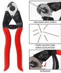 Close-up of stainless steel wire rope cutter tool with red handles, highlighting cutting process and wire pieces.