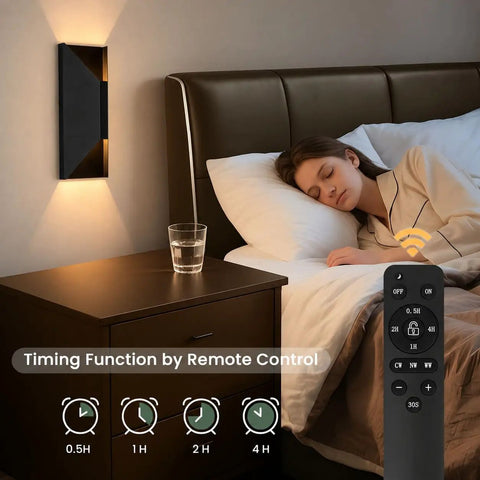 Nsleaiy Wireless Wall Sconces Set of Two, Rechargeable Wall Lights illuminating a bedside while a person sleeps.