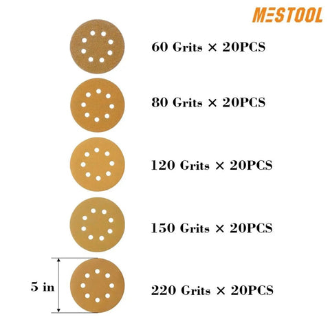 5 Inch Hook And Loop Sanding Discs Set 100 Pcs 60 80 120 150 220 Grits Aluminum Oxide with Resin Over Resin Coating