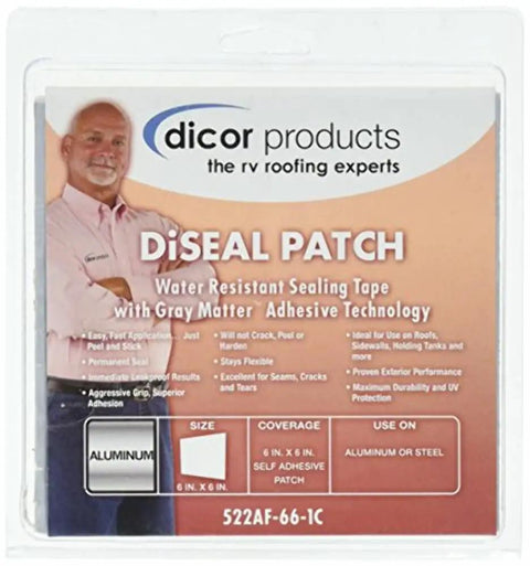 DiSeal Silver Patch Sealing Tape 6 By 6 Inches For RV Roofs in retail packaging, highlighting adhesive technology and material use.
