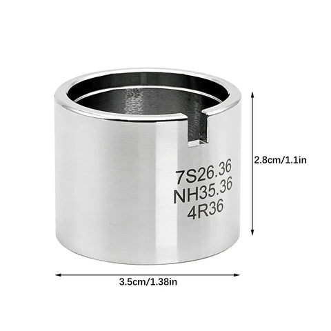 Stainless Steel Watch Movement Holder With Fixed Jaw Non Adjustable Base For Automatic Watch Repair And Modding, dimensions labeled.
