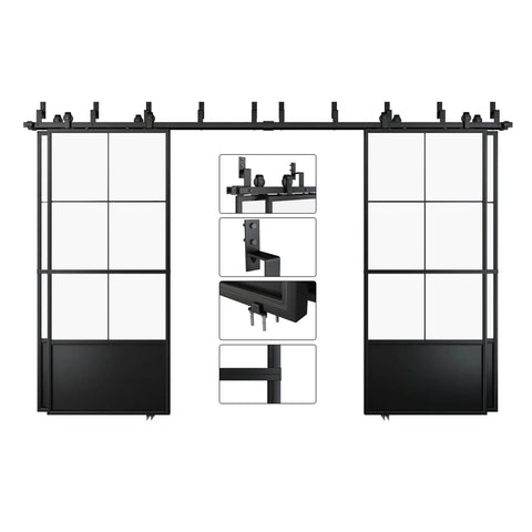 Double Bypass Frosted Tempered Glass Barn Door Kit 144 By 84 Inches With 12 Feet Double Hardware Kit Soft Close And Black Carbon Steel Frame 4 Panels Sliding Door Set No Fuss Install, showing detailed hardware and frame design.