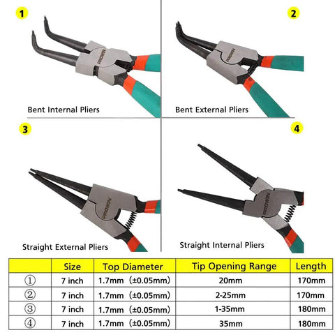 4-Piece Snap Ring Pliers Set with Bent and Straight Jaws, Pro Grade CR-V Steel Tips, 7-Inch, Internal and External Circlip Pliers