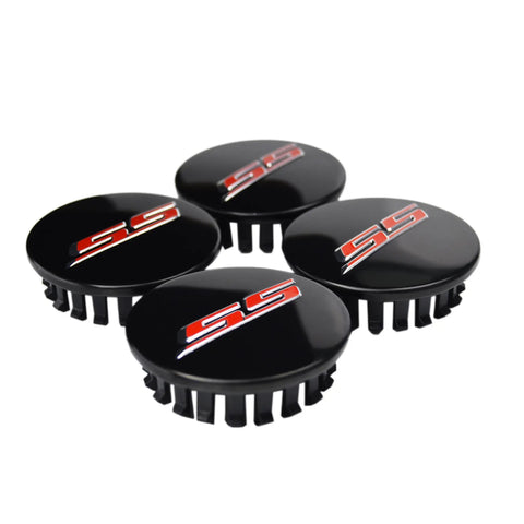 Fresh Set Of Four 68 Millimeter Stainless Steel Wheel Center Caps Featuring Raised Double Slash SS Badges For Chevy Camaro Rim Covers, black with red SS logo.