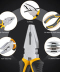 Close-up of pliers with labels; features of Hardware Tool Set With Sturdy Handles For Household Repair And Maintenance 15 Piece Kit.