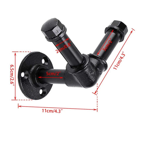 Hella Sturdy Black Iron V Shaped Wall Hook Straight Up Industrial Pipe Design showing dimensions and solid construction for versatile use.