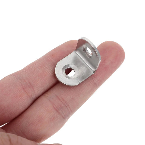 Person holding a single piece from the Heavy Duty 40 Pcs Stainless Steel L Brackets With Screws For Wooden Surfaces Shelf Corner Supports 90 Degree Right Angle Reinforcement DIY Furniture Repair Thickened Design set.